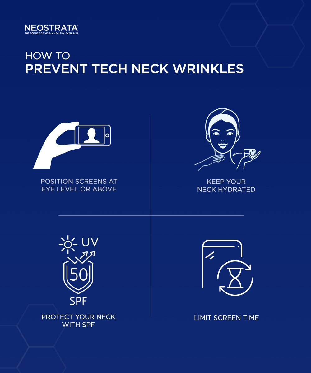 How to prevent tech neck wrinkles in 4 easy steps. 1) position screens at eye level or above. 2) Keep your neck hydrated. 3) protect your neck with SPF. 4) Limit screen time.